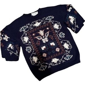 Vintage Michelle Stuart Hand Knit Wool Blend Preppy Crested Long Sleeve Sweater